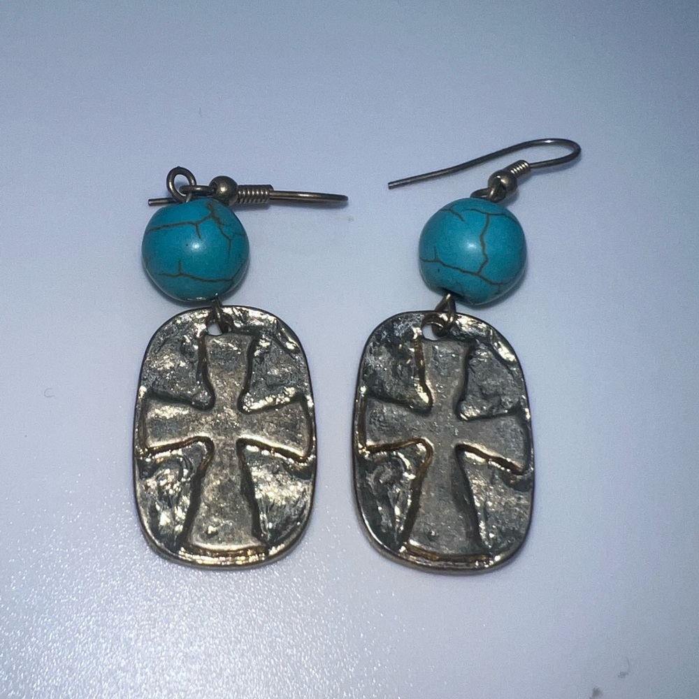 Turquoise and Silvertone Cross Earrings